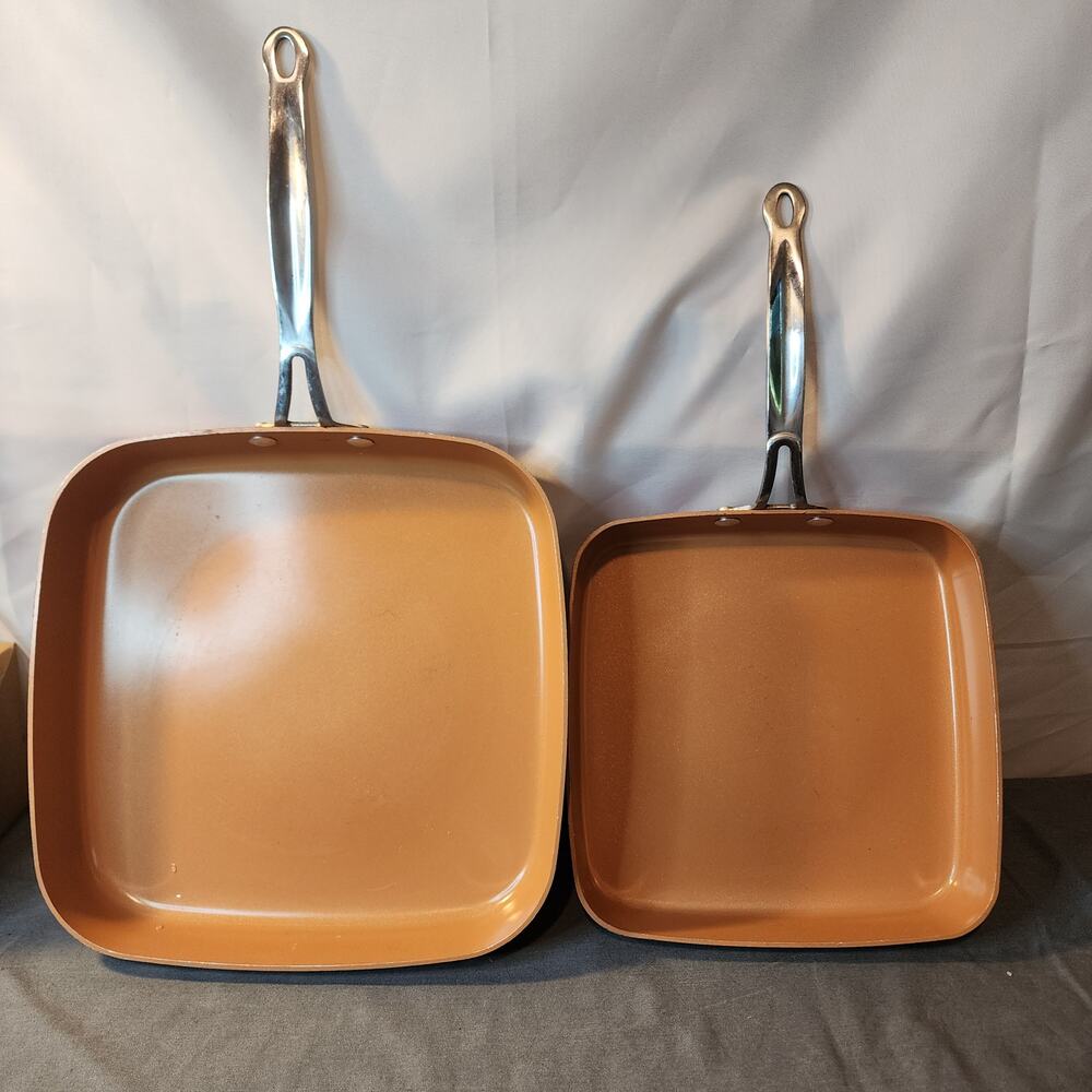 BulbHead Red Copper 12” & 9.5 Inch Square Fry Pans / Skillets No Lids Clean